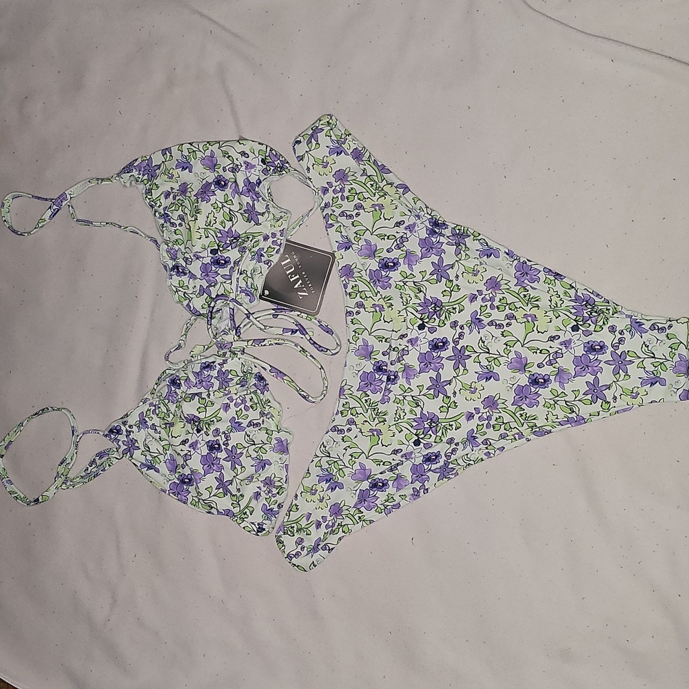 Zaful Floral Bikini Set in Purple and Green